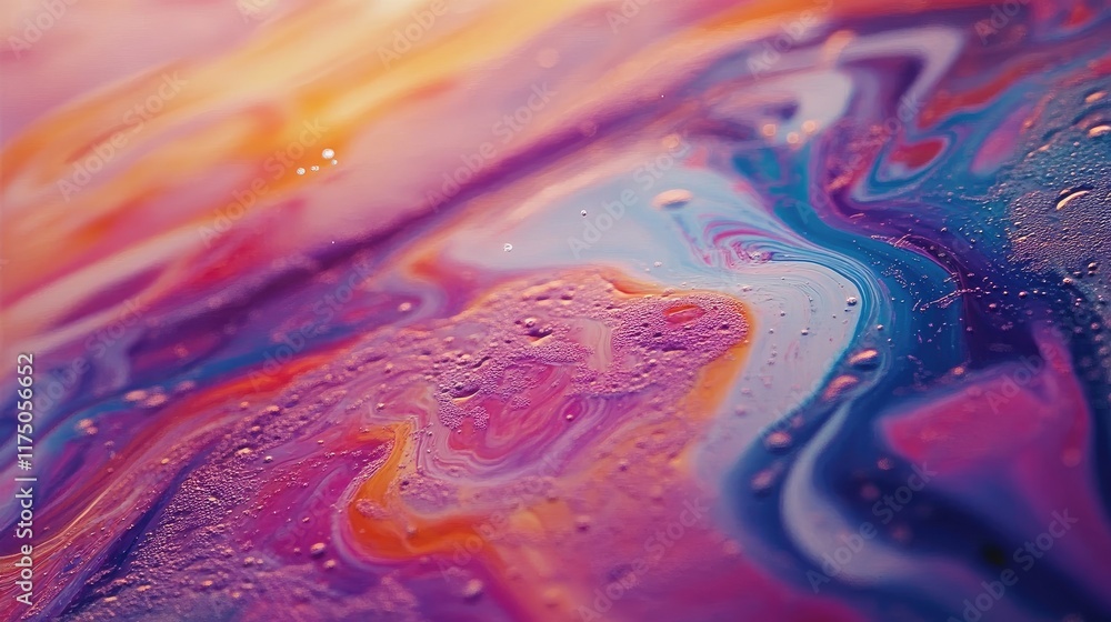 Poster vibrant abstract macro shot of colorful soap bubble with vivid swirling patterns and tiny droplets
