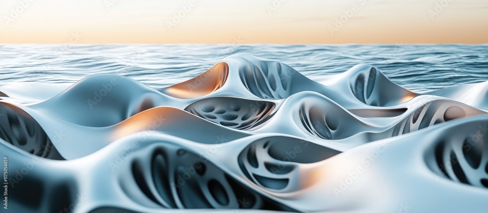 Poster metallic abstract waves reflecting light with organic sea background 3d rendering featuring blank sp