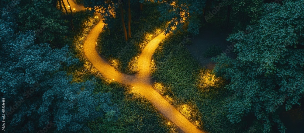 Poster Aerial View of Illuminated Pathways Through Lush Forest at Night with Space for Custom Text Overlay