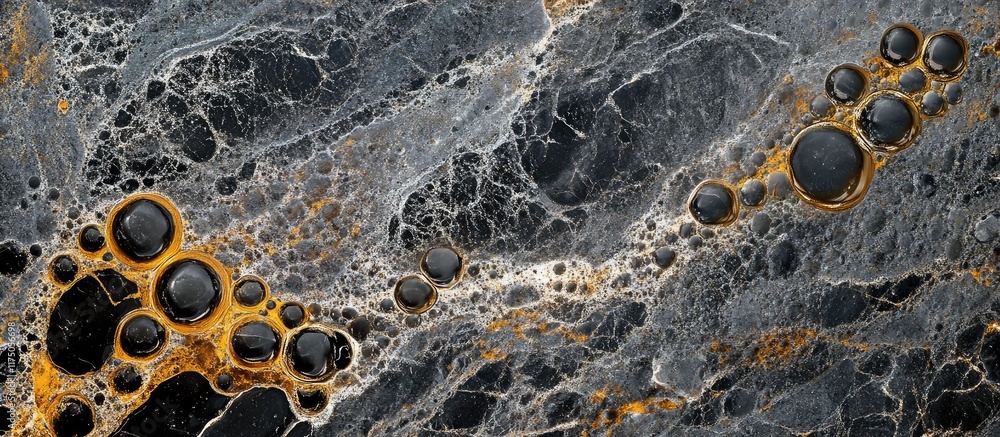 Poster elegant abstract dark grey and gold marble texture featuring bubbles and ample empty space for custo