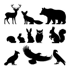 Fototapeta premium collection of ten ,Forest Animals Silhouettes - Iconic woodland creatures like deer, foxes, and bears. white background