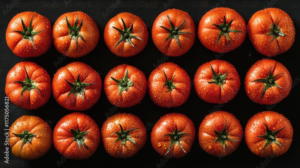 Poster ripe red tomatoes arranged in rows with water droplets enhancing their natural flavor and showcasing