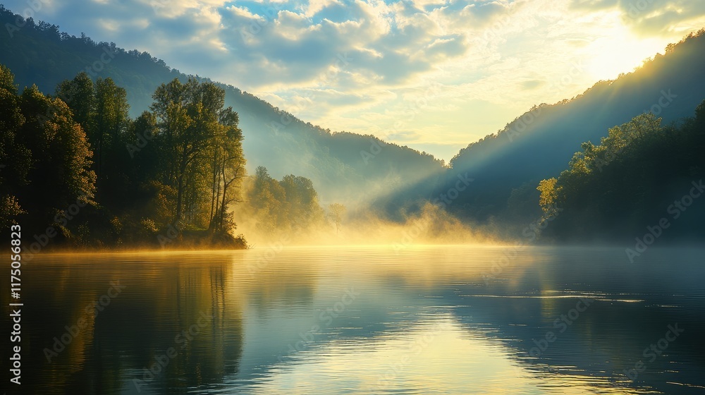 Poster serene confluence of two rivers at sunrise surrounded by lush mountains and mist creating a tranquil
