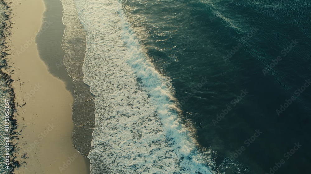 Poster aerial view of crashing white waves on a tranquil beach with space for text and a serene coastal lan