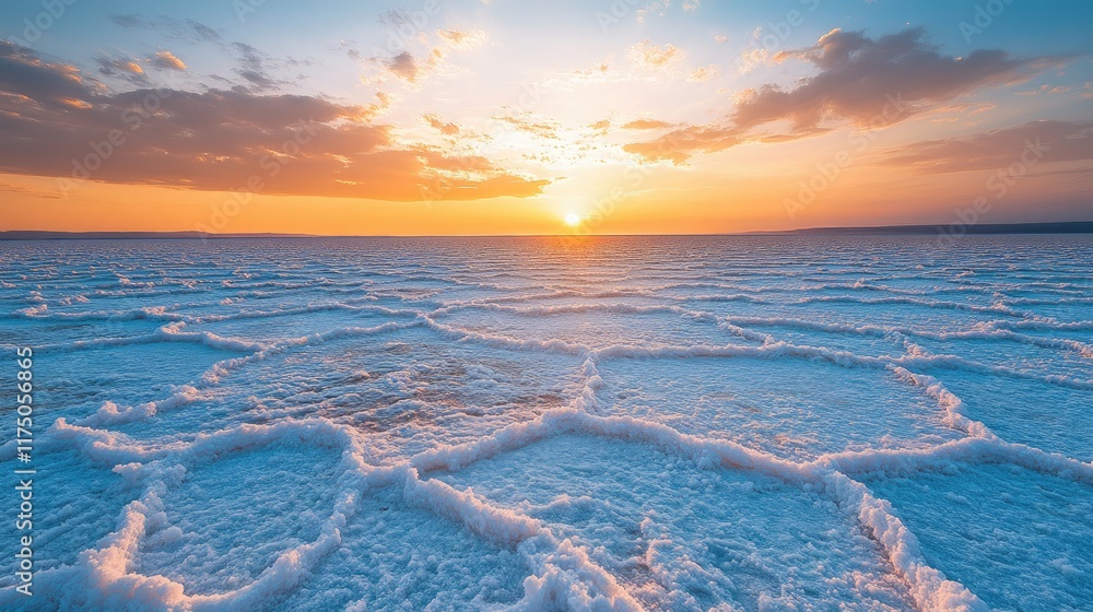 Aufkleber stunning sunset over salt flats with intricate patterns and a serene coastal backdrop in a vibrant s