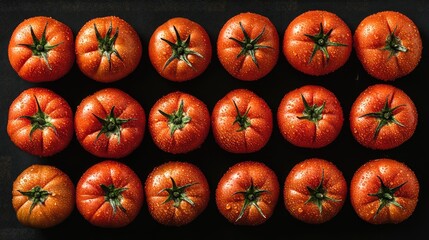 Ripe red tomatoes arranged in rows with water droplets enhancing their natural flavor and showcasing unique shapes and colors.
