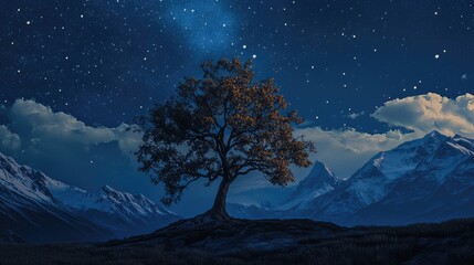 Majestic night sky filled with stars over a solitary tree in the serene Himalayas landscape. © CryptoCanvas