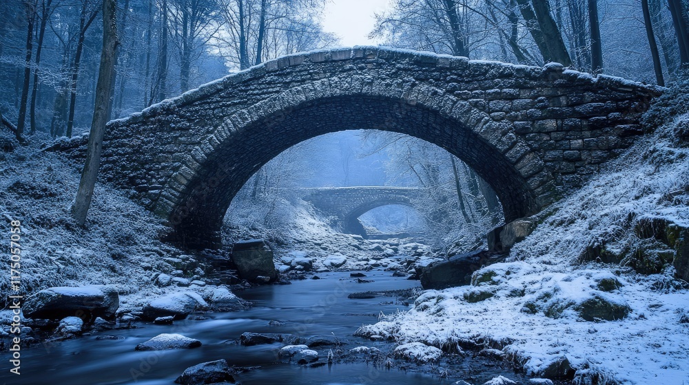 Aufkleber winter wonderland view of an ancient stone arch bridge surrounded by snow-covered trees and a serene
