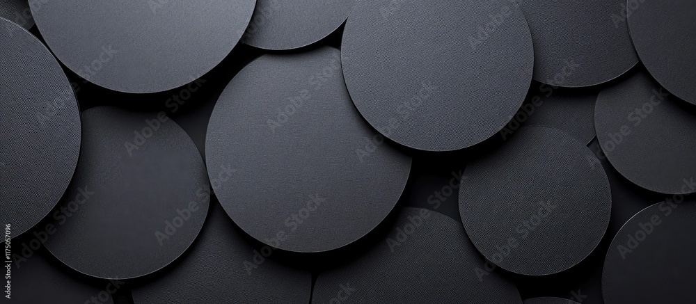 Poster black circular cardboard shapes of varying sizes against dark background with empty copyspace for te
