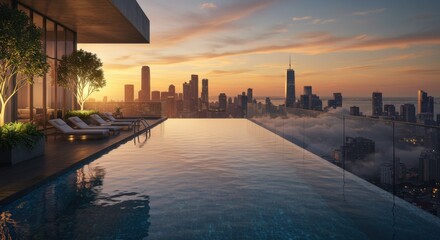 Fototapeta premium Luxurious infinity pool, high-rise building, panoramic city skyline view, golden sunset, reflective water surface, dramatic clouds, urban architecture, skyscrapers, modern luxury, twilight atmosphere,