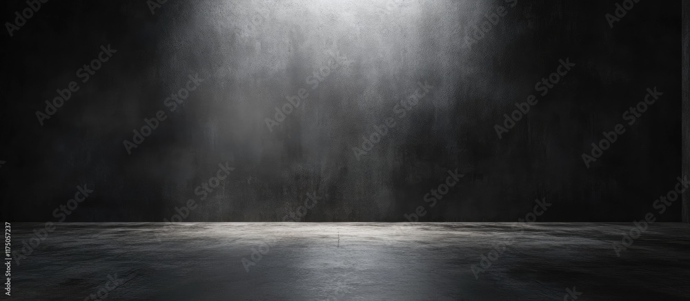 Poster dark studio setting with concrete floor and blank wall illuminated by soft light showcasing empty sp