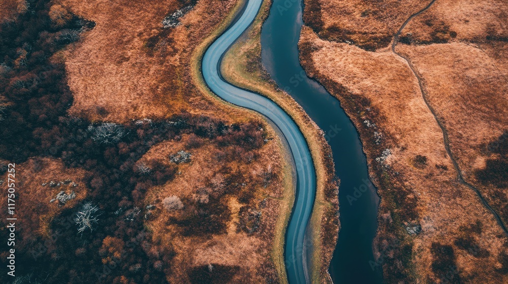 Poster Aerial view of a meandering river through autumn meadows with ample space for text or graphics placement ideal for design projects