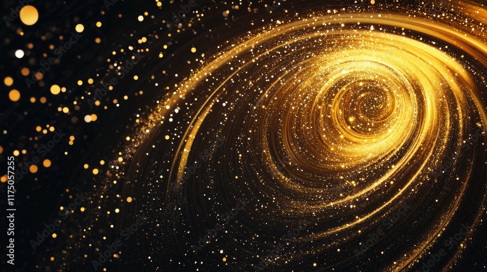 Poster golden swirling cosmic background design with shimmering particles for abstract digital art and grap