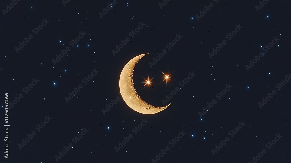 Wall mural a smiling crescent moon shines brightly against a backdrop of twinkling stars. perfect for children'