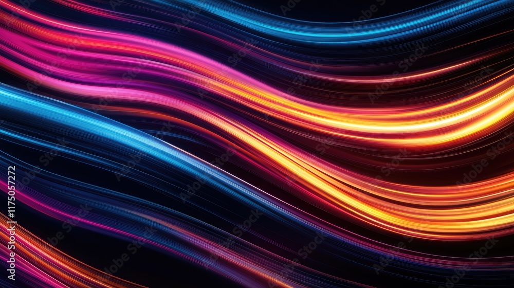 Poster vibrant abstract curved lines in vivid colors on a dark background for creative design and artistic 
