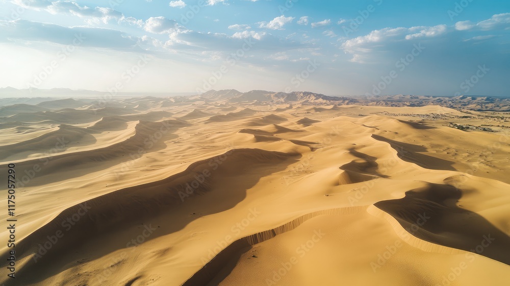 Poster aerial view of expansive desert landscape featuring smooth sand dunes and open sky ideal for text or
