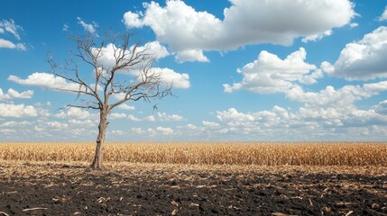 Lone Tree in Barren Field Highlighting Soil Degradation and Drought