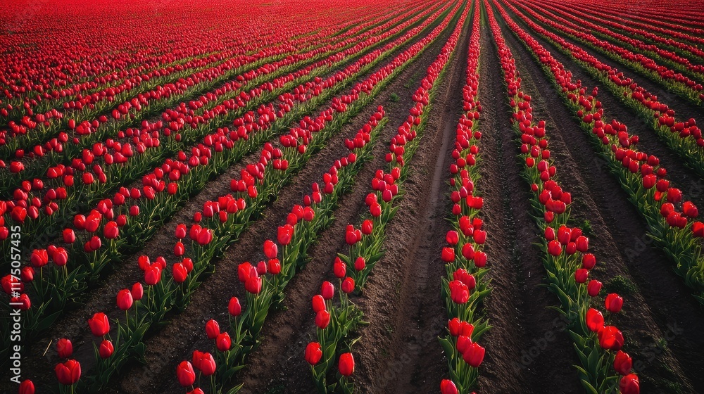 Poster Aerial view of flourishing red tulip fields showcasing vibrant colors and vast empty space ideal for text placement or marketing messages