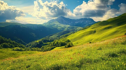 Fototapeta premium Breathtaking Summer Scene of Lush Green Mountain Landscape Under a Clear Blue Sky