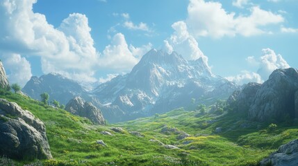 Fototapeta premium Majestic rocky mountain range with lush grassy hills under a vibrant blue sky and soft clouds in a picturesque natural landscape scene