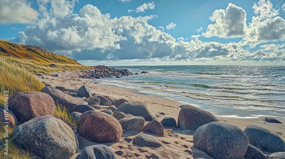 Aufkleber coastal landscape with large stones bordering sandy beach and calm waves under a bright sky with flu