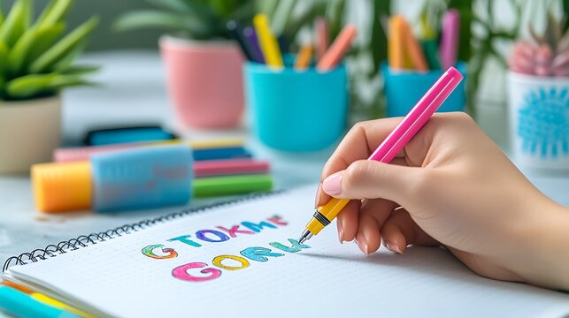 A close-up of a hand writing goals in a bullet journal, with colorful pens and motivational quotes in the background