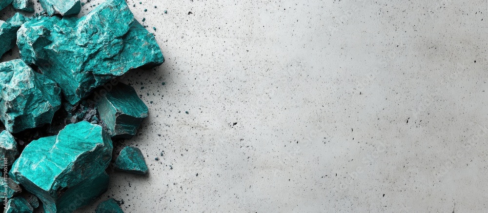 Poster teal stone texture against light concrete backdrop with ample empty space for text or design element