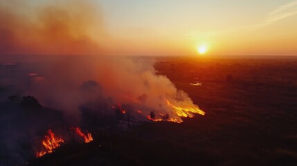 Aerial view of sunset forest fire highlighting wildfire threats and rapid spread of flames and smoke indicating environmental destruction