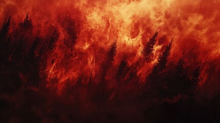 Aerial perspective of intense wildfire engulfing forest landscape with dramatic flames and smoke creating dark atmosphere for text overlay