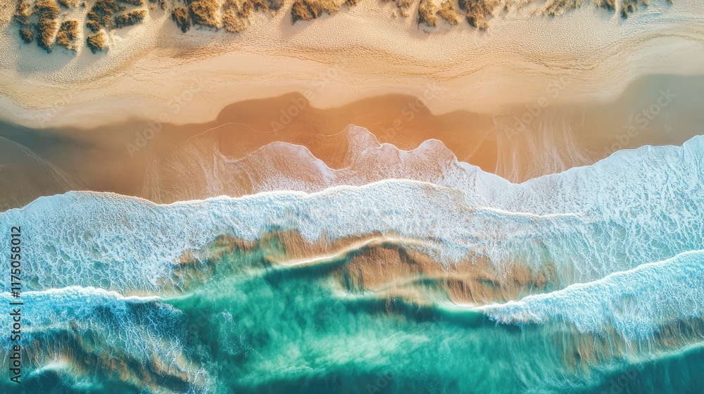 Aufkleber aerial view of serene coastal landscape with waves gently lapping against sandy beach for website us