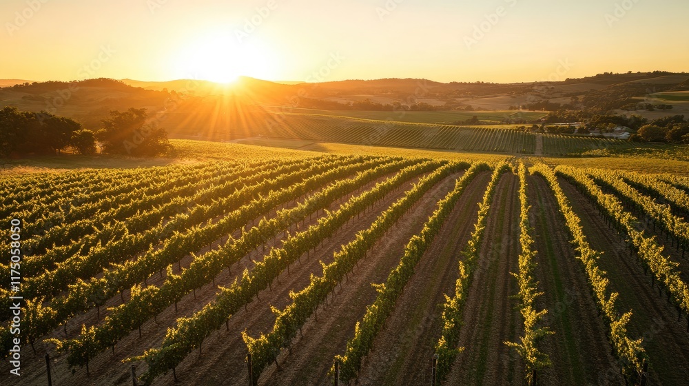 Poster aerial view of lush vineyards under a vibrant sunset with empty space for text highlighting agricult