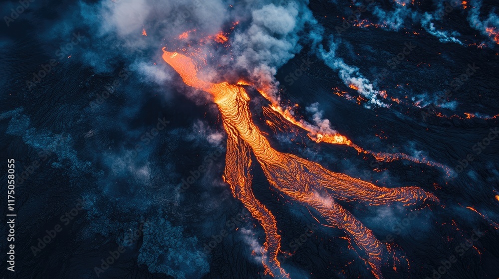 Poster Aerial View of Volcanic Eruption and Lava Flow with Dramatic Clouds and Space for Text Overlay