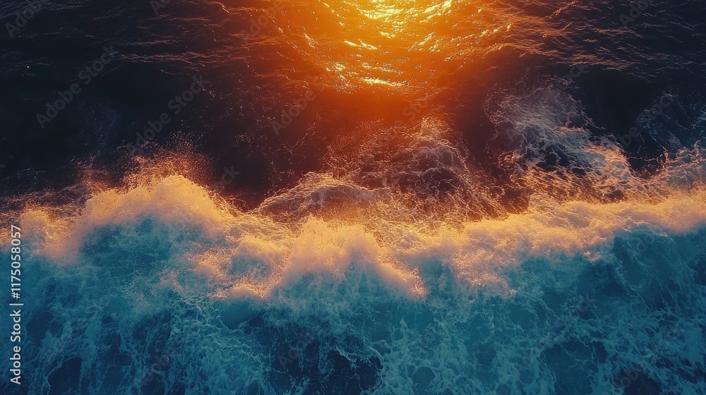 Poster stunning sunset over the ocean showcasing vibrant colors and dynamic waves creating a serene and enc