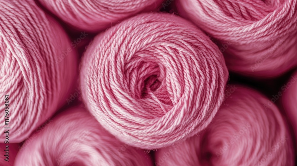 Poster Pink yarn skeins arranged in a circular pattern highlighting textures for knitting and craft projects in a creative hobby concept.