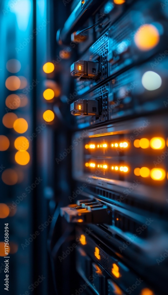 Poster close up of a data center server in a modern office with yellow lighting and ample copy space