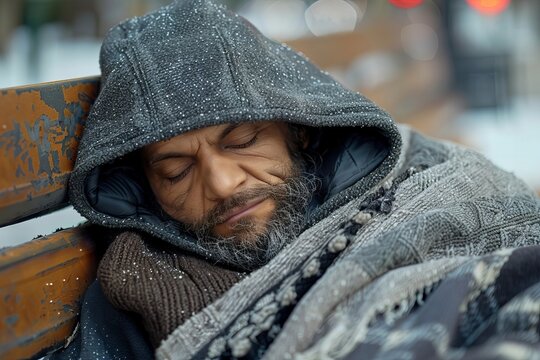 Homeless Man Resting on Bench Under Blanket