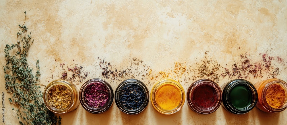 Poster natural dye jars with dried herbs for fabric coloring diy project showcasing vibrant colors and empt