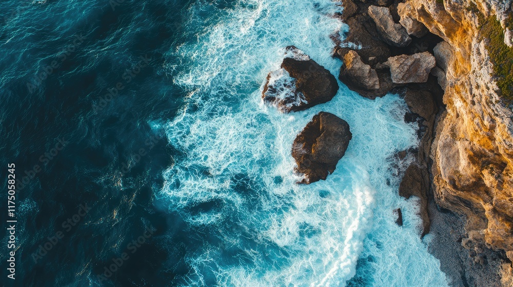 Fototapete aerial view of dramatic ocean waves crashing on rugged cliffs and stones with serene copyspace ideal