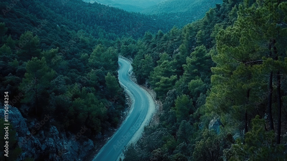 Aufkleber aerial view of serpentine road in dense mountain forest with expansive copy space for text placement