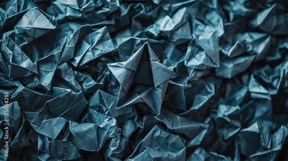 Poster crumpled black paper origami shapes on textured background representing creativity and emotion in ab