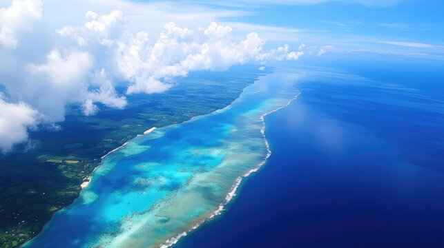 Aerial view of a vibrant coastline with turquoise waters and dramatic cloudscape under a clear blue sky - Powered by Adobe