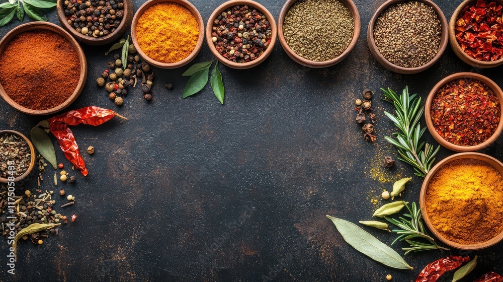 Poster Aerial view of diverse spices in ceramic bowls arranged on a rustic table with empty space for text or design elements