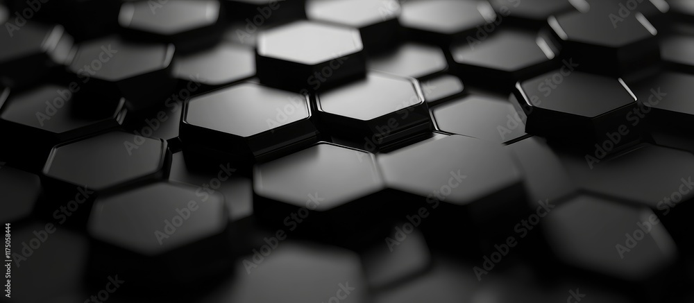Poster abstract black hexagonal pattern background with depth and empty space for customizable text or cont