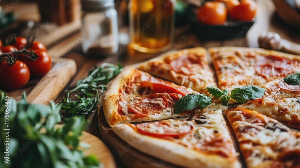 Poster delicious fresh pizza with tomatoes and herbs presented on a rustic wooden table ready for serving a