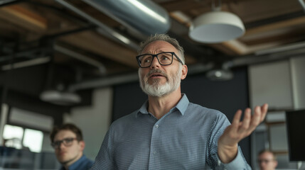 Fototapeta premium Male manager standing with arms raised, exasperated, while an employee sits quietly in an open-plan office.