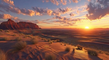 breathtaking sunset over desert landscape highlighting sand dunes and distant mountains with dramatic sky and fluffy clouds