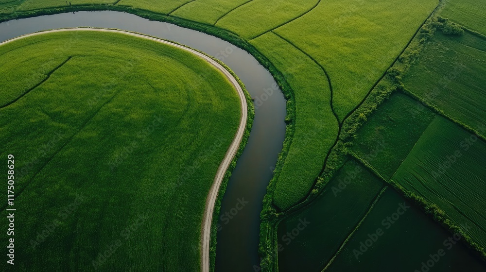 Poster Aerial view of meandering river through vibrant green fields with open space for text overlay in serene natural landscape