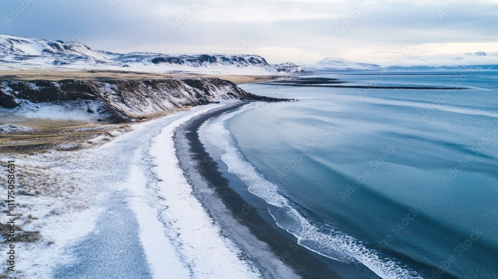 Leinwandbilder Aerial view of a winter beach with white sand and ocean waves creating serene coastal scenery for text placement and marketing use.