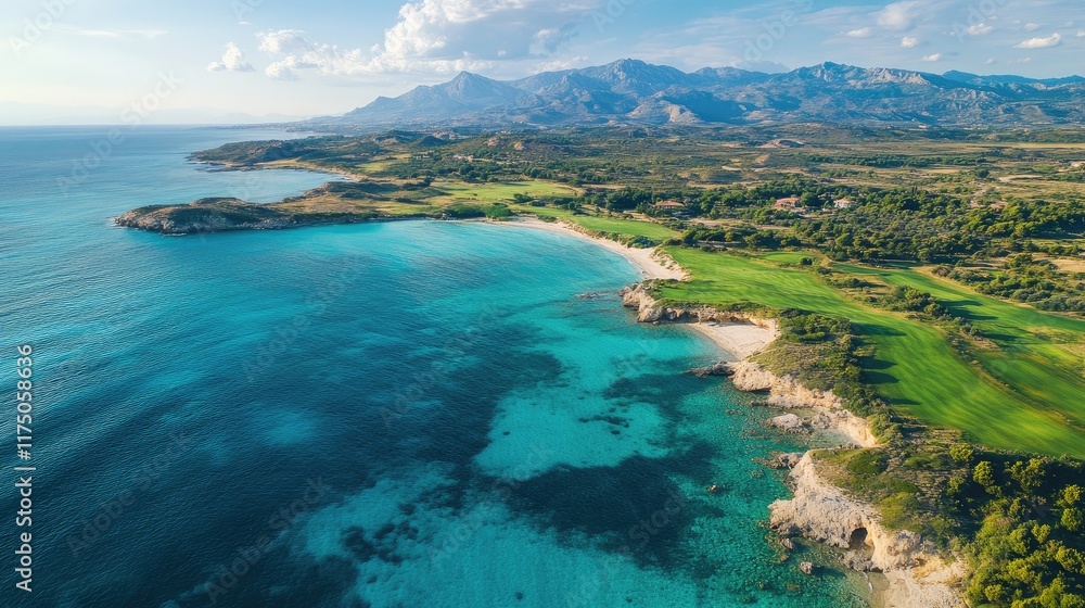 Poster aerial view of serene coastal landscape with lush greenery and mountains in background