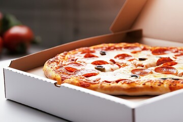 A pepperoni pizza with olives and cheese in an open cardboard box, placed on a bright white table...